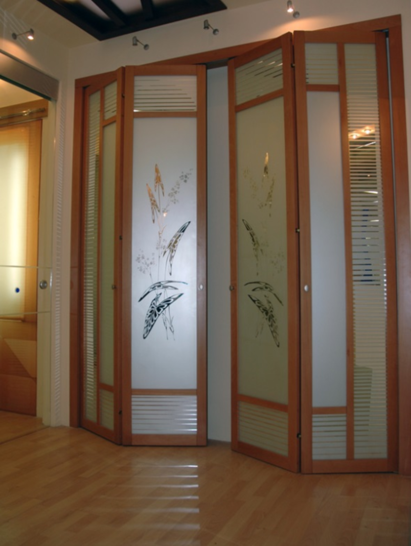 Широкие двери гармошка с матовым стеклом и рисунком Юрга